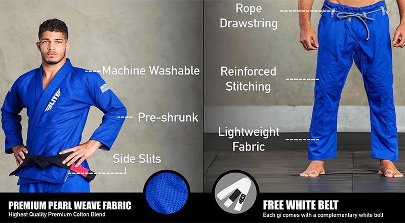 Elite Sports BJJ gi features: machine washable, pre-shrunk, reinforced stitching, lightweight pearl weave fabric, and a free white belt