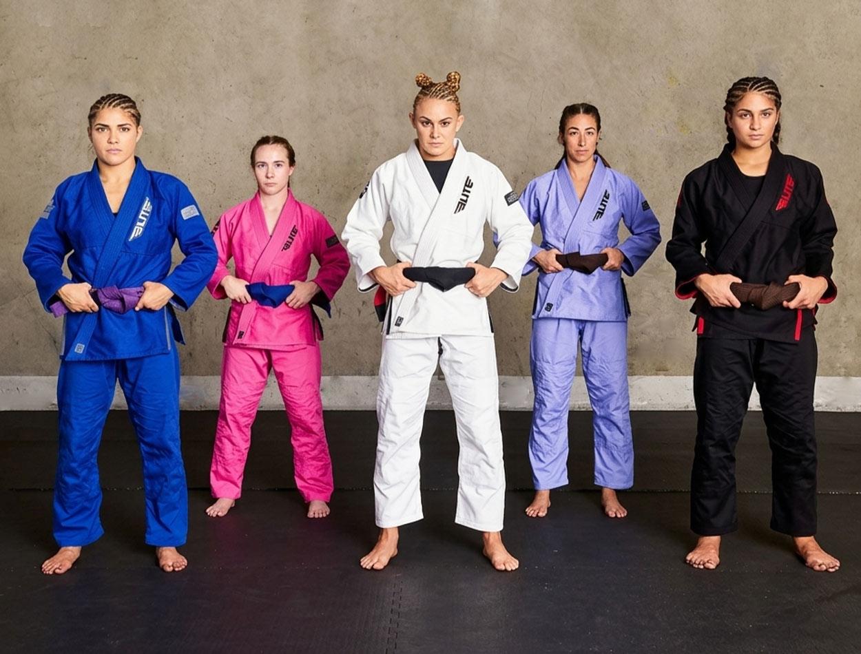 Elite Sports BJJ gis for women in blue, pink, white, purple, and black