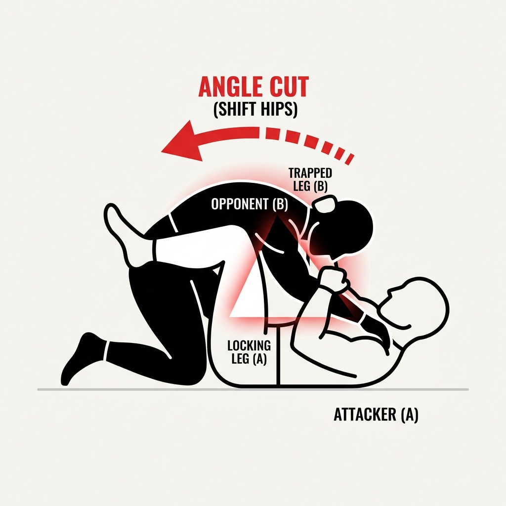 Triangle choke setup from closed guard — leg over shoulder and trapped arm